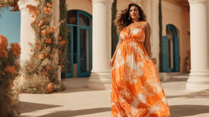 Discover the Plus Size Crinkle Satin Printed Halter Ruffled Detail Smocked Waist Slit Maxi Dress