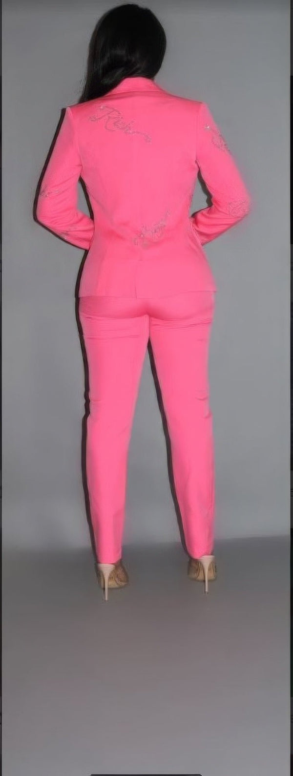 2 Piece Powersuit Blazer & Pants Set With Rhinestone Letterings On Blazer - Set - SmartBuyApparel