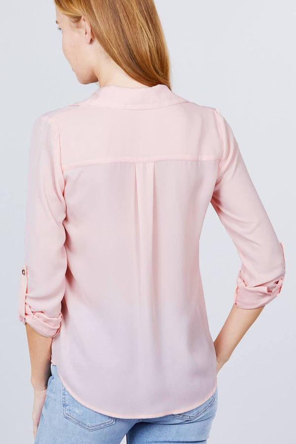 3/4 Roll Up Sleeve Pocket W/Zipper Detail Woven Blouse - Women's Blouse - SmartBuyApparel