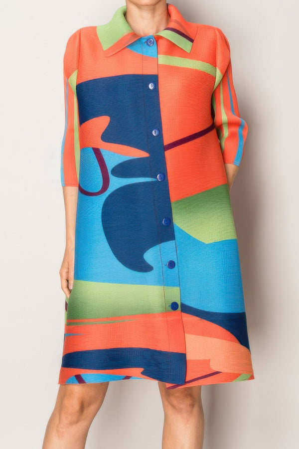 Abstract Print Pleated Lapel Shirtdress - | SmartBuyApparel