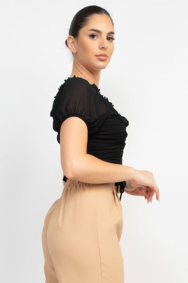 Back Shirred Ruffled Lace - up Crop Top - Women's top - SmartBuyApparel