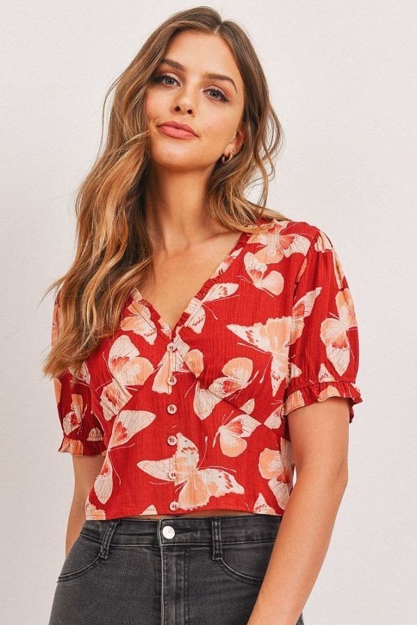 Butterfly V - neck Smocked Back Crop Top - Women's top - SmartBuyApparel