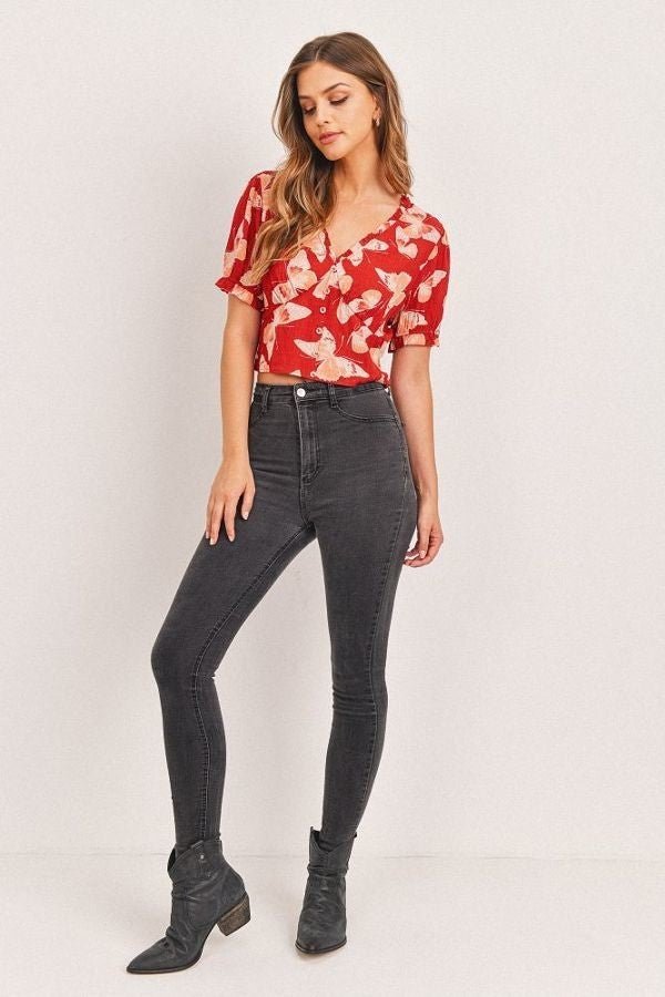 Butterfly V - neck Smocked Back Crop Top - Women's top - SmartBuyApparel