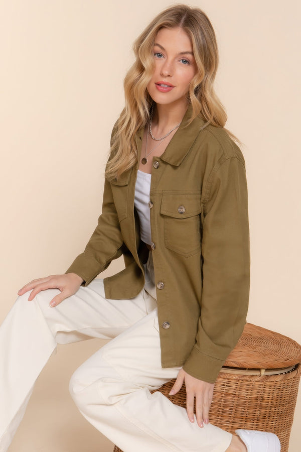 Button Down Cotton Denim Shacket - women's shirt - SmartBuyApparel