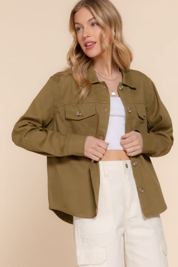 Button Down Cotton Denim Shacket - women's shirt - SmartBuyApparel