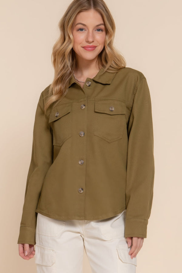 Button Down Cotton Denim Shacket - women's shirt - SmartBuyApparel