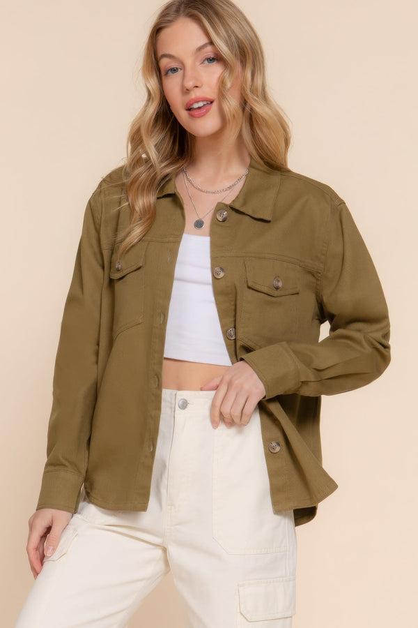 Button Down Cotton Denim Shacket - women's shirt - SmartBuyApparel