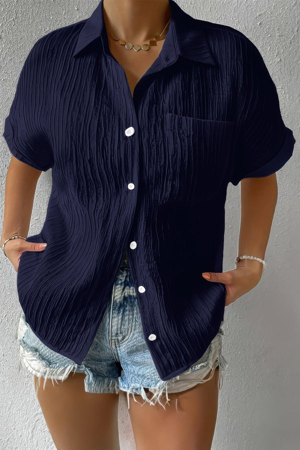 Button Down Lapel Pockets Loose Solid Shirt - | SmartBuyApparel