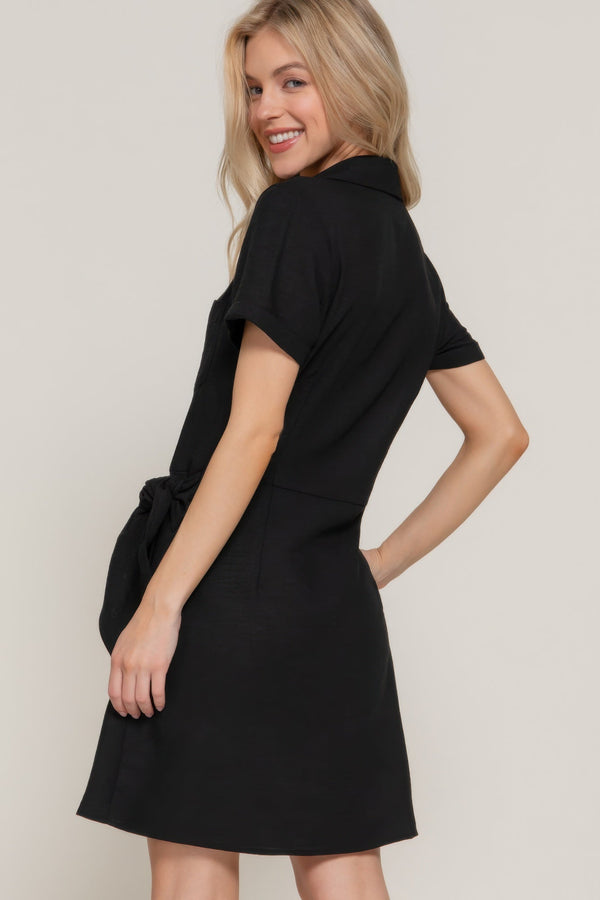 Button Down Side Bow Linen Effect Mini Dress - | SmartBuyApparel