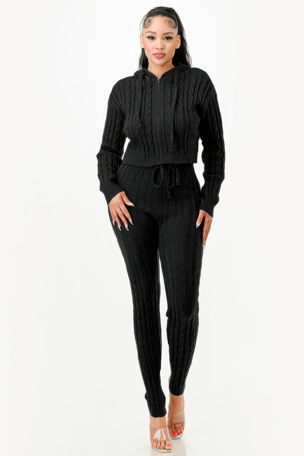 Cable Hoodie Sweater 2pcs Set - Set - SmartBuyApparel