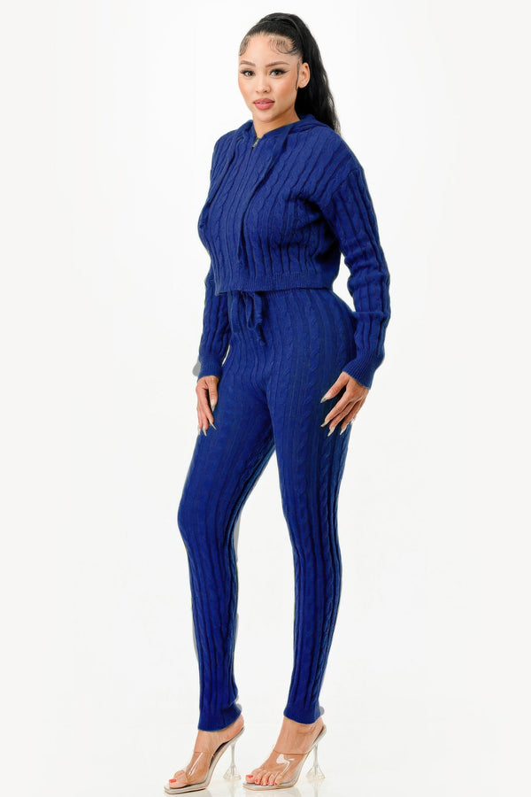 Cable Hoodie Sweater 2pcs Set - Set - SmartBuyApparel