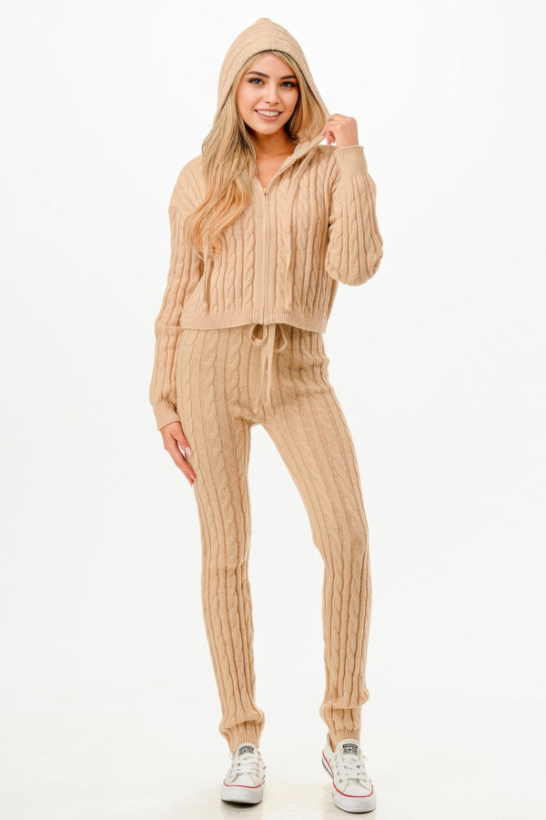 Cable Hoodie Sweater 2pcs Set - Set - SmartBuyApparel