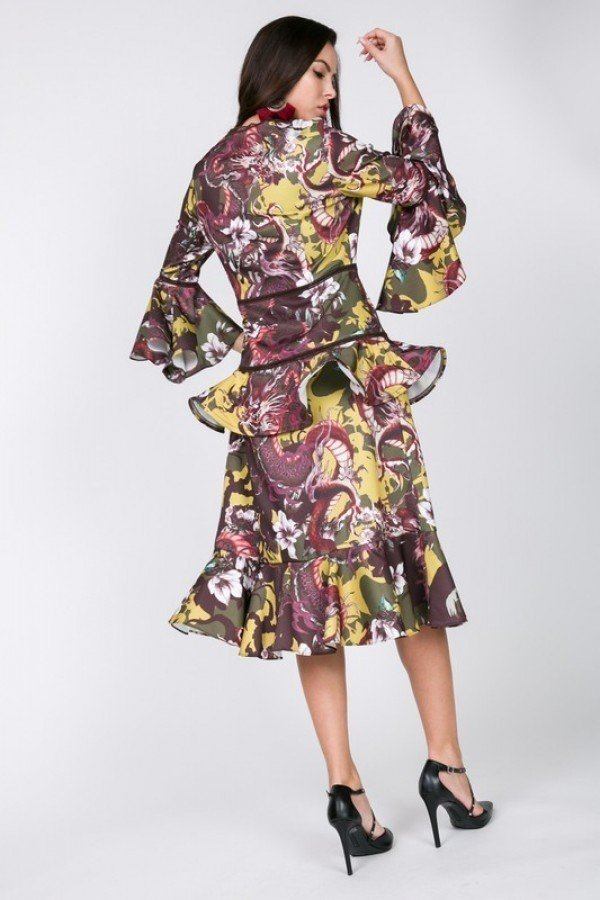 Cascade Ruffle Sleeve Frill Tiered Bottom Print Midi Dress - Dress - SmartBuyApparel