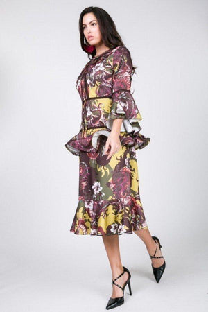 Cascade Ruffle Sleeve Frill Tiered Bottom Print Midi Dress - Dress - SmartBuyApparel