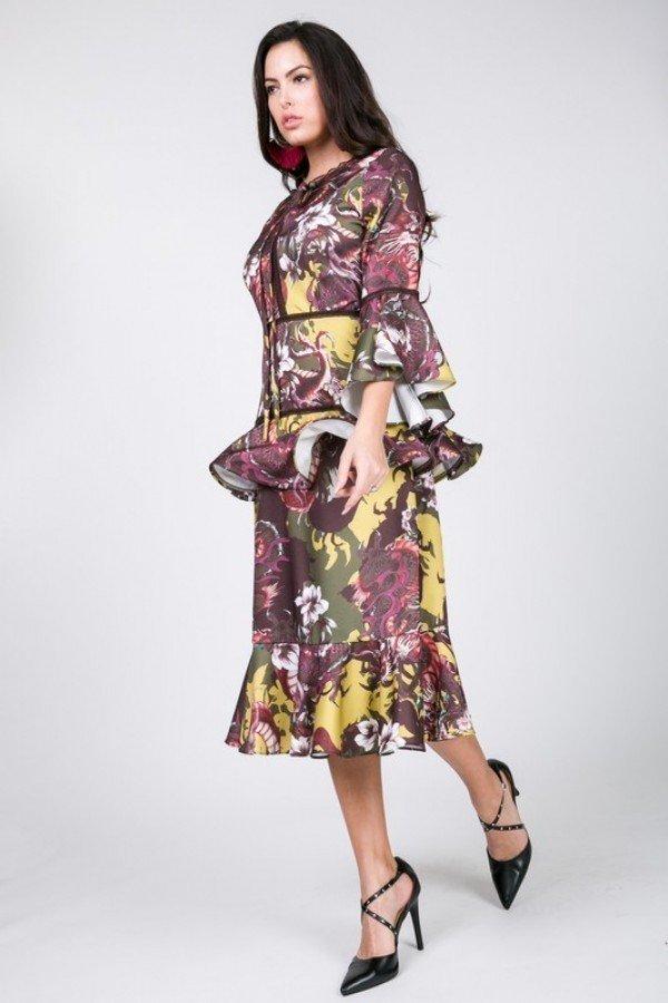 Cascade Ruffle Sleeve Frill Tiered Bottom Print Midi Dress - Dress - SmartBuyApparel