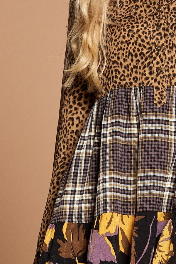 Cheetah Print Button - Down Collard Shirt Dress - Dress - SmartBuyApparel