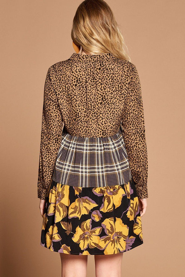 Cheetah Print Button - Down Collard Shirt Dress - Dress - SmartBuyApparel