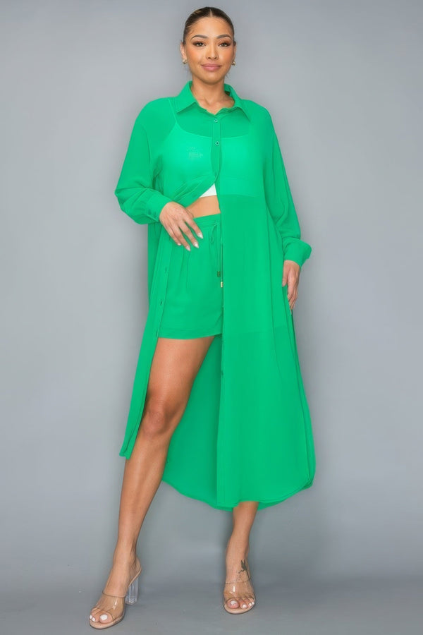 Chiffon Button Down Long Sleeve Side Slit Long Top With Shorts Set - Women's set - SmartBuyApparel