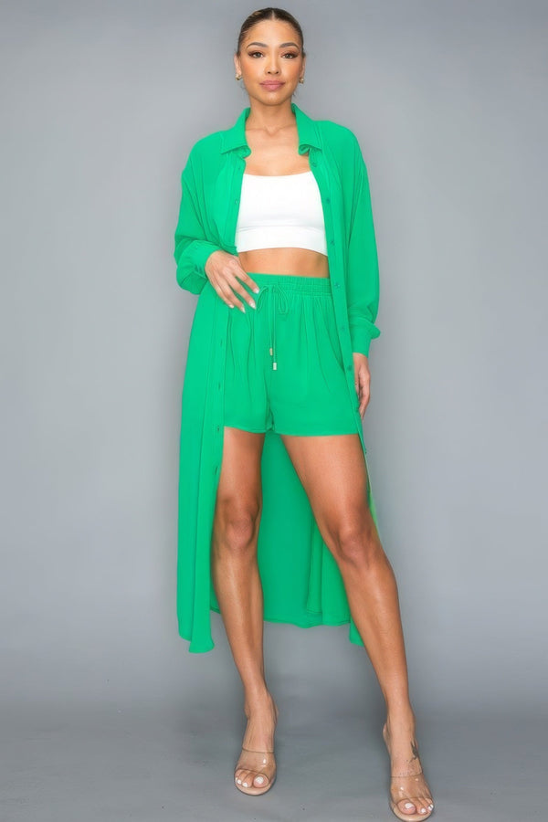 Chiffon Button Down Long Sleeve Side Slit Long Top With Shorts Set - Women's set - SmartBuyApparel