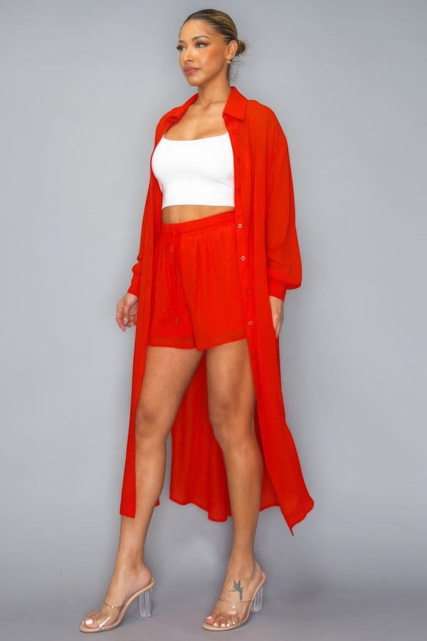 Chiffon Button Down Long Sleeve Side Slit Long Top With Shorts Set - Women's set - SmartBuyApparel