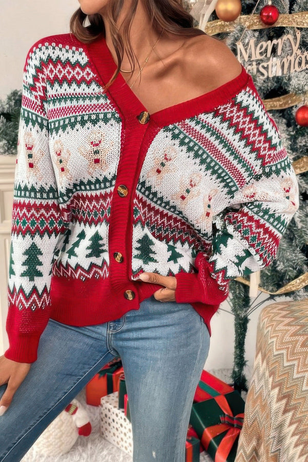 Christmas Print Knit Button Down Loose Cardigan - | SmartBuyApparel