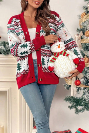Christmas Print Knit Button Down Loose Cardigan - | SmartBuyApparel