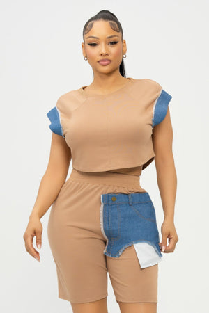 Color Block Denim Sleeve Top And Biker Shorts Set - Women's set - SmartBuyApparel