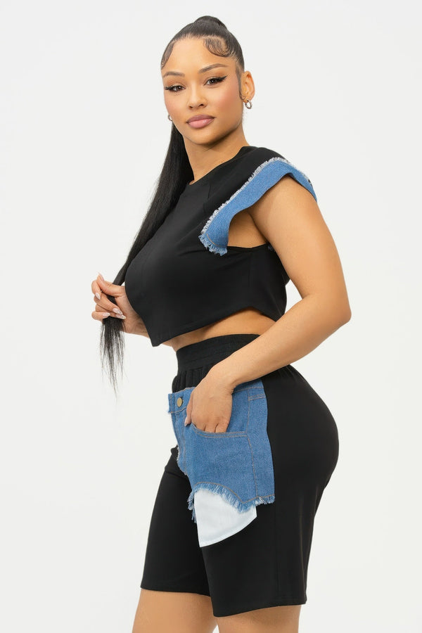 Color Block Denim Sleeve Top And Biker Shorts Set - Women's set - SmartBuyApparel