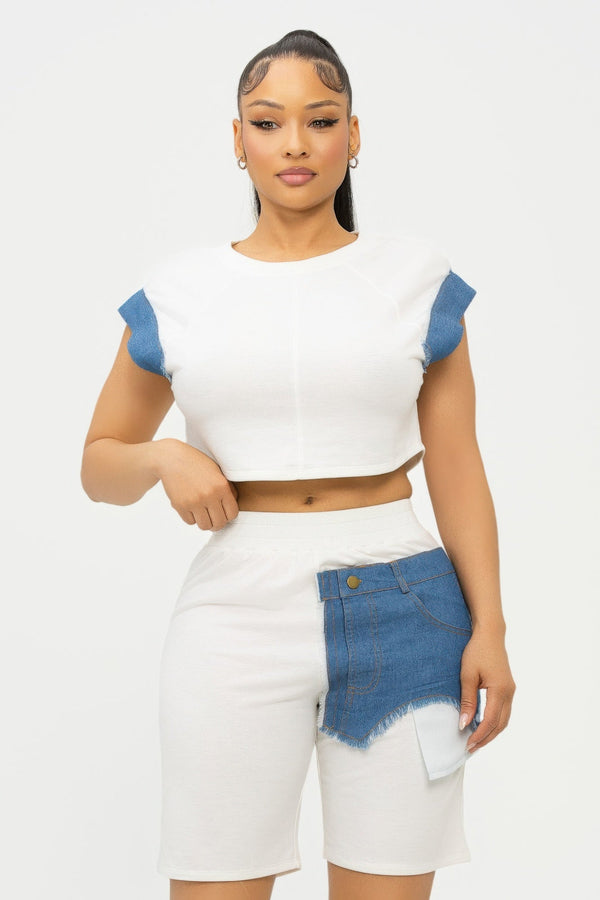 Color Block Denim Sleeve Top And Biker Shorts Set - Women's set - SmartBuyApparel