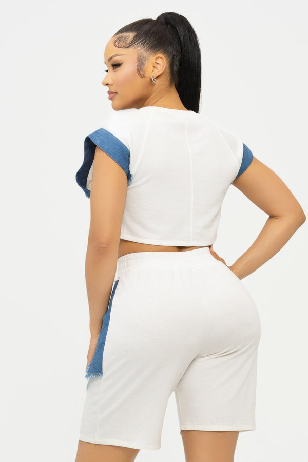 Color Block Denim Sleeve Top And Biker Shorts Set - Women's set - SmartBuyApparel