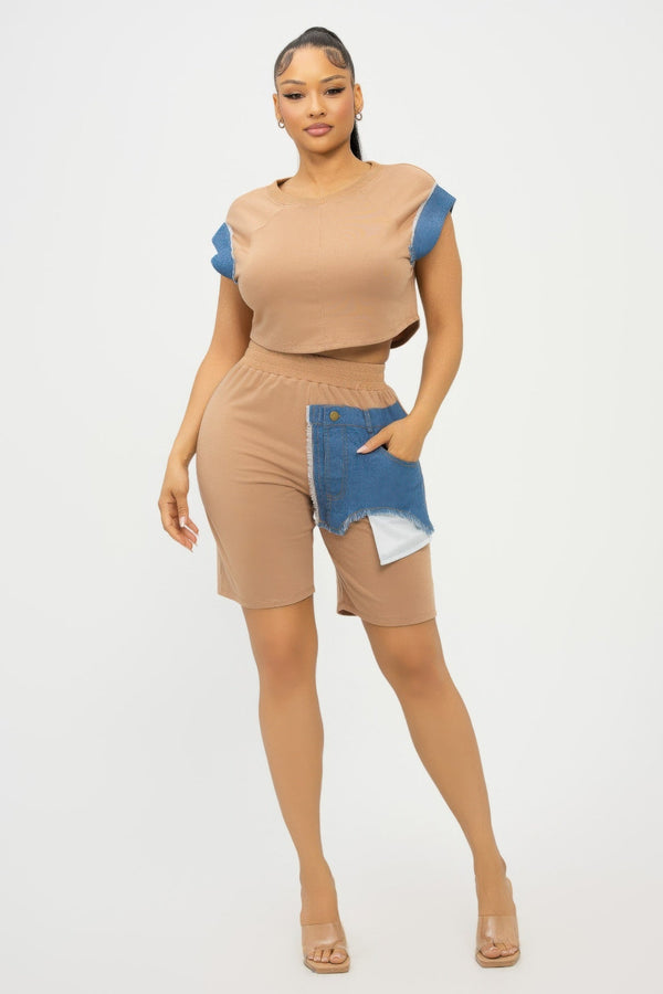 Color Block Denim Sleeve Top And Biker Shorts Set - Women's set - SmartBuyApparel