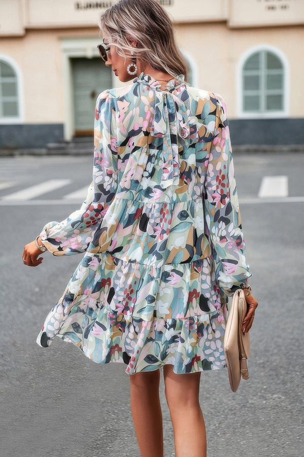 Color Block Hem Ruffle Printing Loose Fit Midi Dress - | SmartBuyApparel