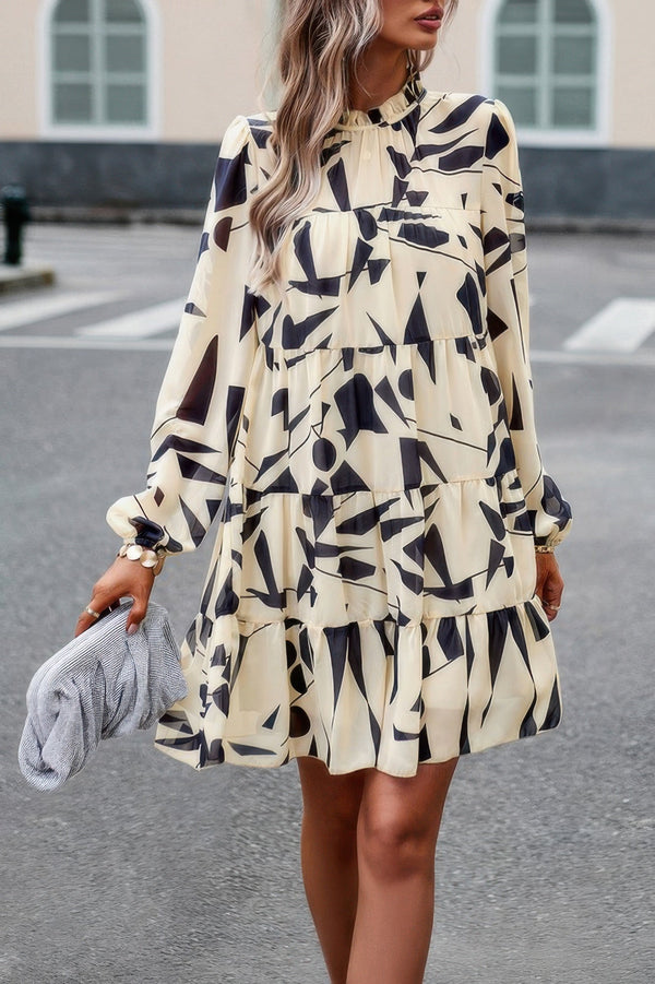 Color Block Hem Ruffle Printing Loose Fit Midi Dress - | SmartBuyApparel