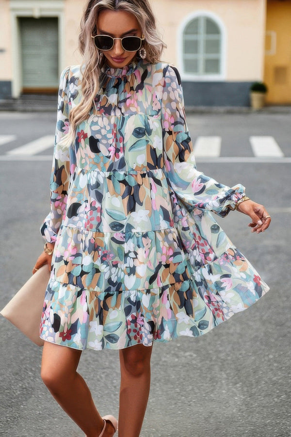 Color Block Hem Ruffle Printing Loose Fit Midi Dress - | SmartBuyApparel