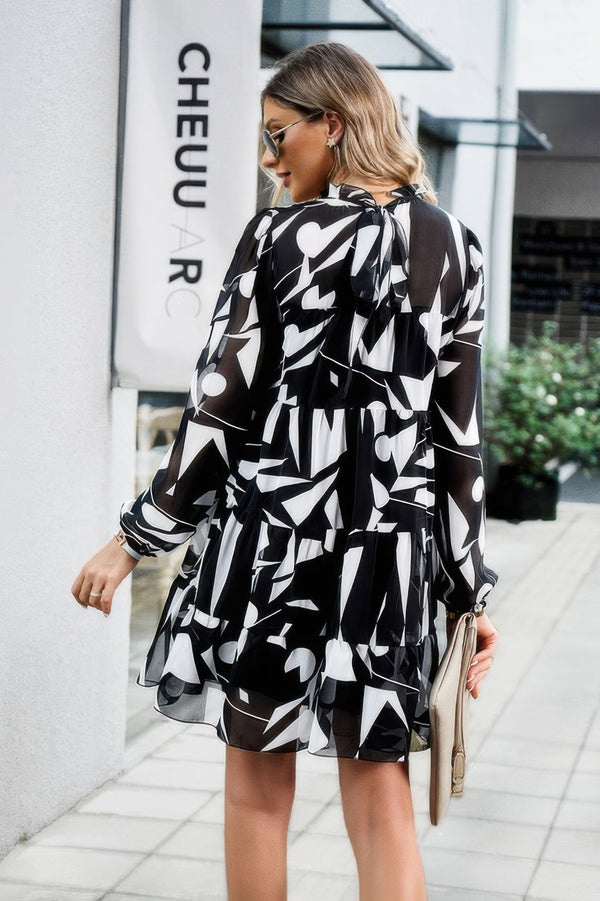Color Block Hem Ruffle Printing Loose Fit Midi Dress - | SmartBuyApparel