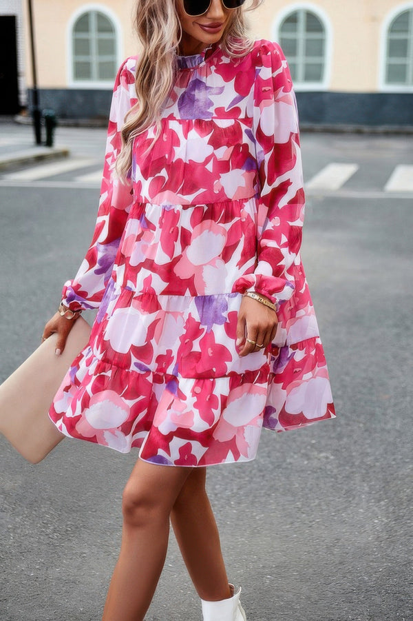 Color Block Hem Ruffle Printing Loose Fit Midi Dress - | SmartBuyApparel