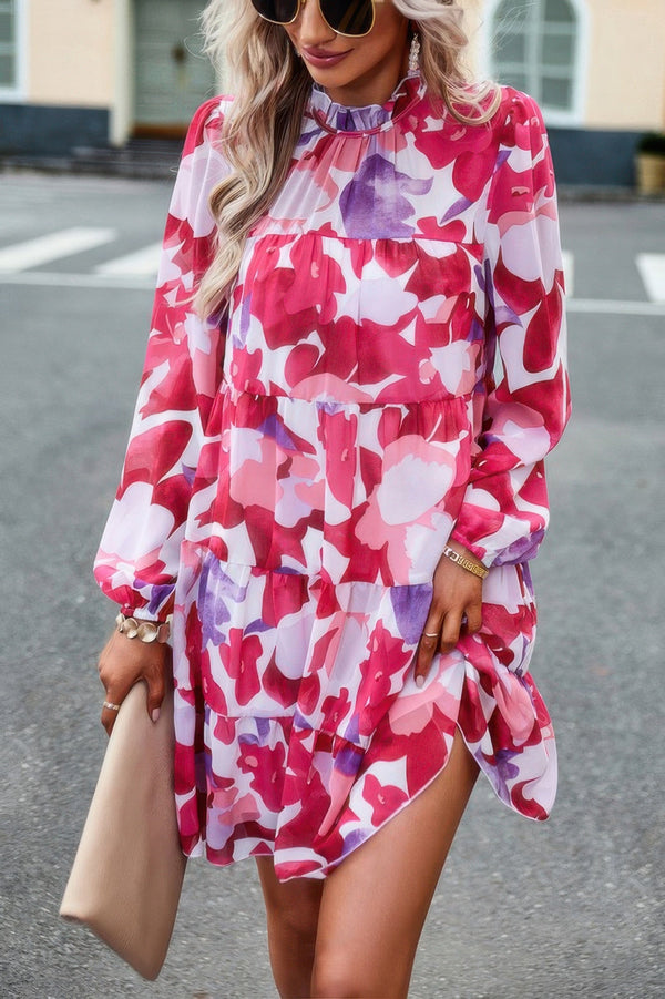 Color Block Hem Ruffle Printing Loose Fit Midi Dress - | SmartBuyApparel