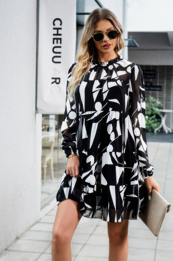 Color Block Hem Ruffle Printing Loose Fit Midi Dress - | SmartBuyApparel