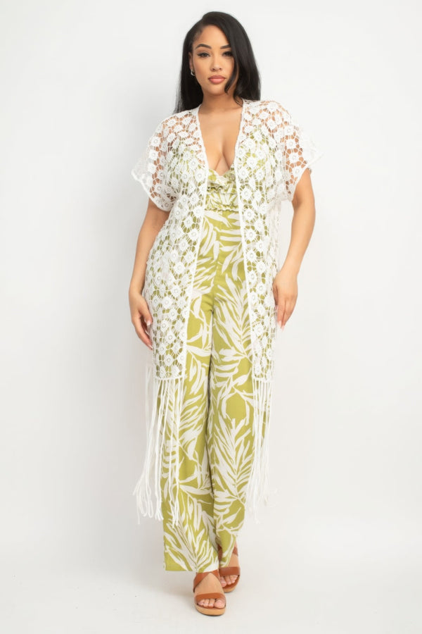 Crocheted Open - front Fringe Kimono - Kimono - SmartBuyApparel