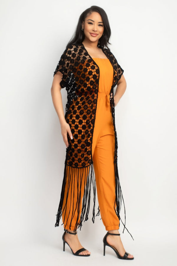Crocheted Open - front Fringe Kimono - Kimono - SmartBuyApparel