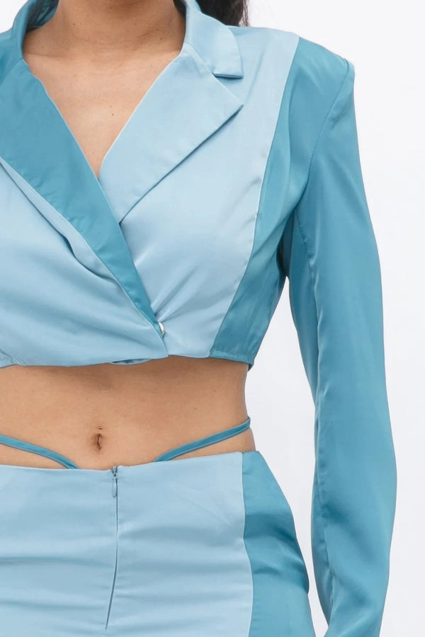 Crop Blazer With Matching Low Rise Wide Leg Pants Set - Women's set - SmartBuyApparel