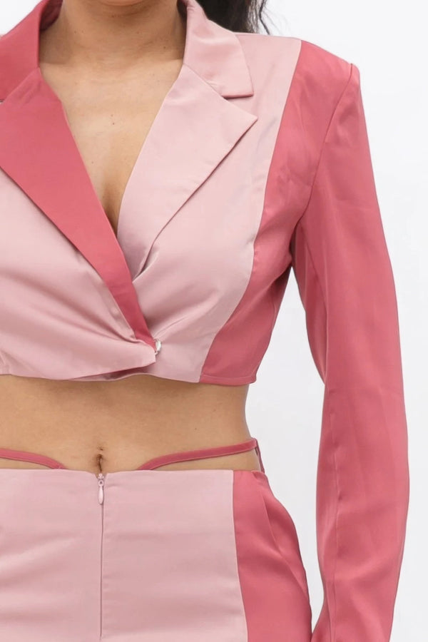 Crop Blazer With Matching Low Rise Wide Leg Pants Set - Women's set - SmartBuyApparel