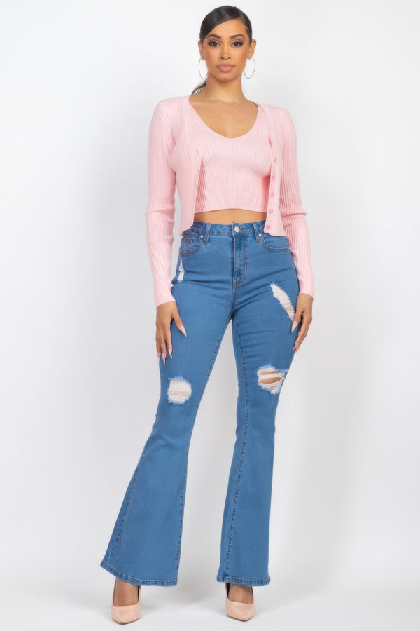 Crop Tank Top & Cardigan Sweater Set - Women's sweater - SmartBuyApparel