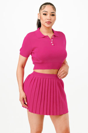 Cropped Polo Sweater Shirt And Skirt Set - | SmartBuyApparel