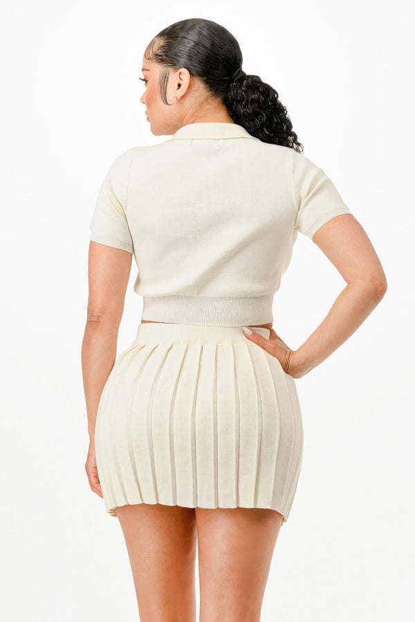 Cropped Polo Sweater Shirt And Skirt Set - | SmartBuyApparel
