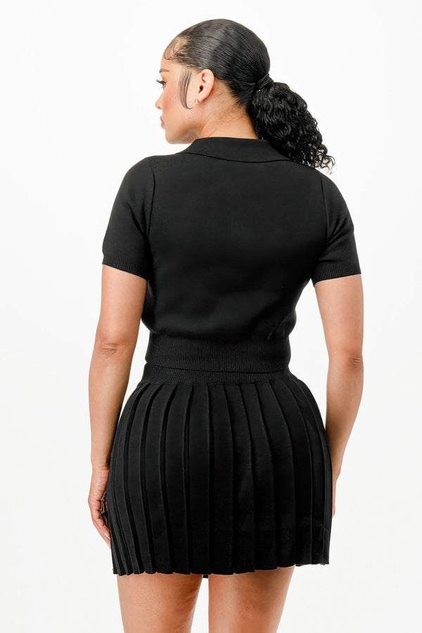 Cropped Polo Sweater Shirt And Skirt Set - | SmartBuyApparel