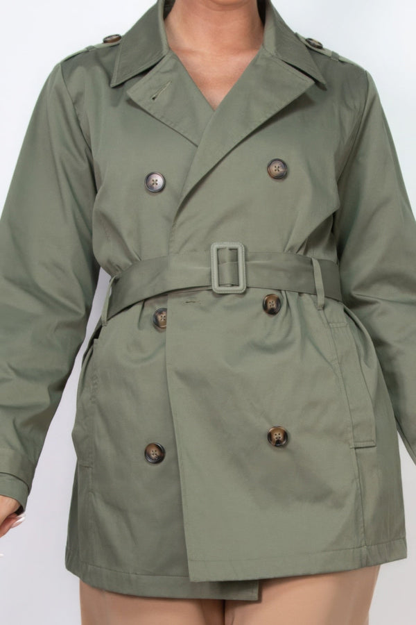 Double - breasted Notch Belted Coat - Women's coat - SmartBuyApparel