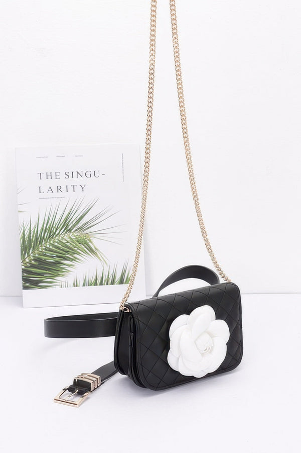 Faux Leather Quilted Flower Beltbag Shoulder Chain - | SmartBuyApparel