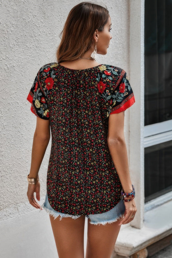 Floral Boho Ruffle V Neck Short Sleeve Loose Shirt - | SmartBuyApparel