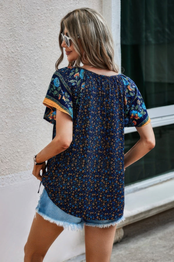 Floral Boho Ruffle V Neck Short Sleeve Loose Shirt - | SmartBuyApparel